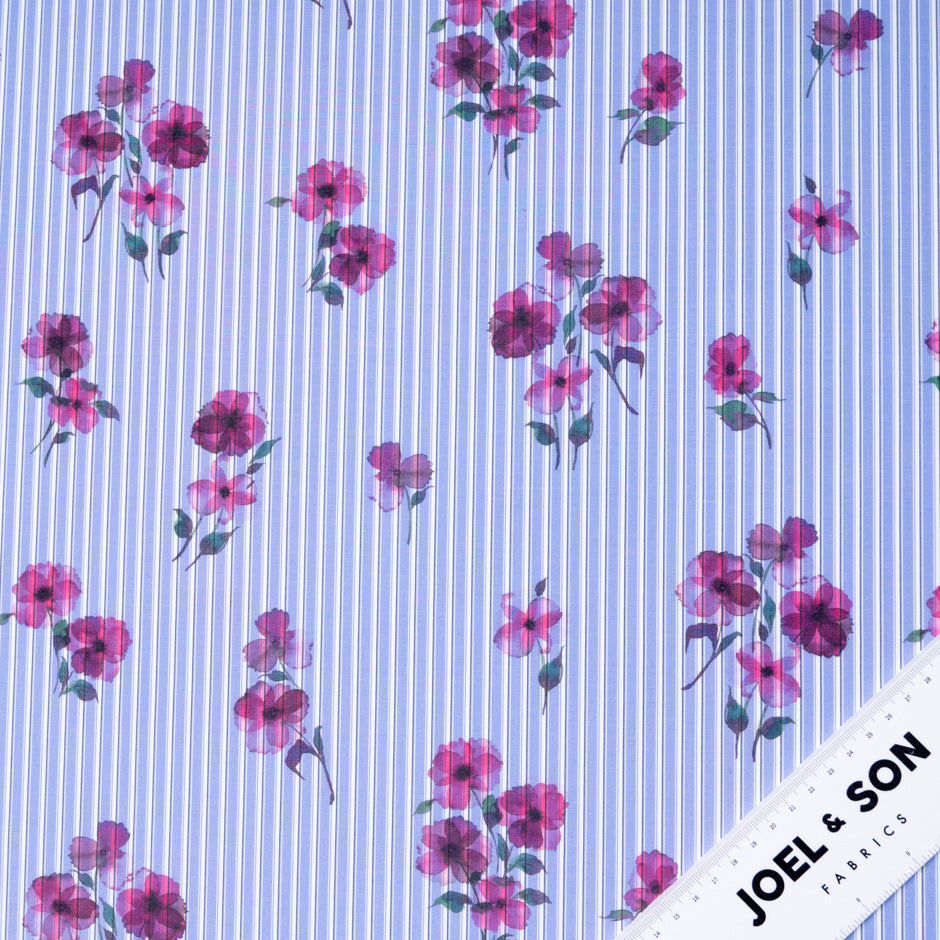 Pink Pansy Printed Blue Cotton Blend