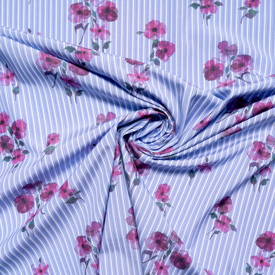 Pink Pansy Printed Blue Cotton Blend