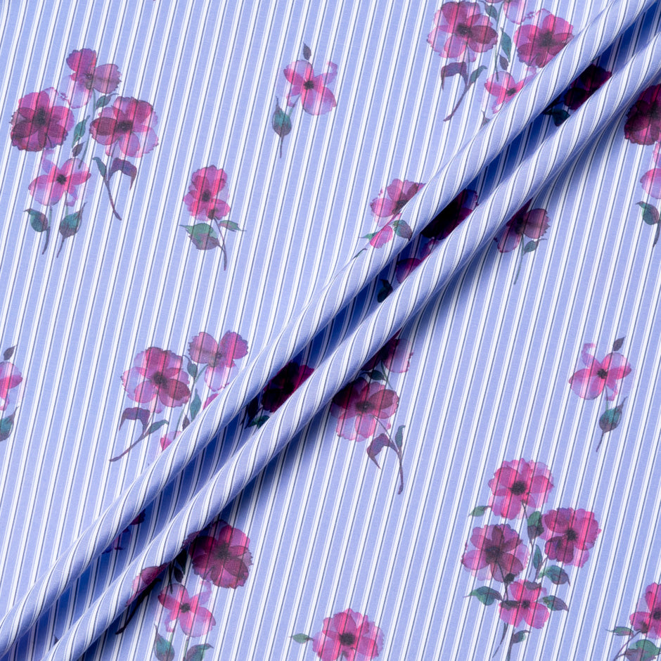 Pink Pansy Printed Blue Cotton Blend