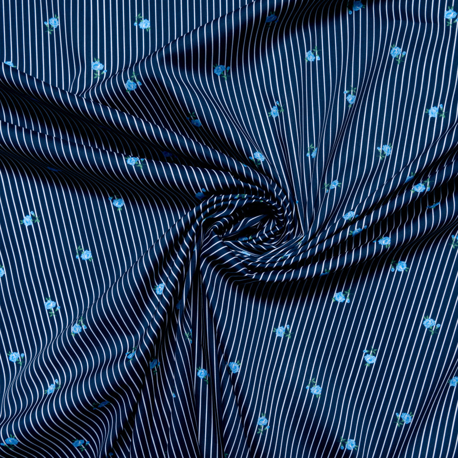 White Striped Floral Printed Midnight Superfine Cotton