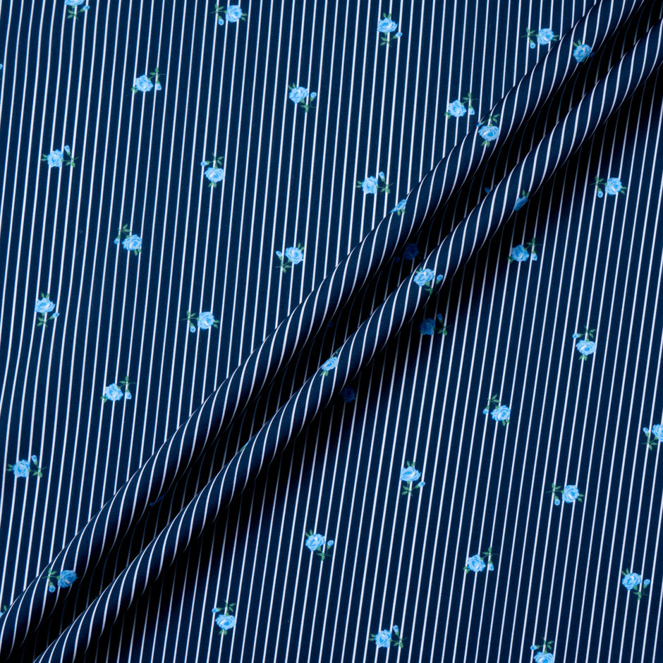 White Striped Floral Printed Midnight Superfine Cotton