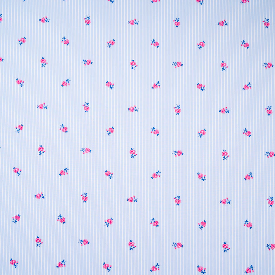 White Striped & Floral Baby Blue Superfine Cotton