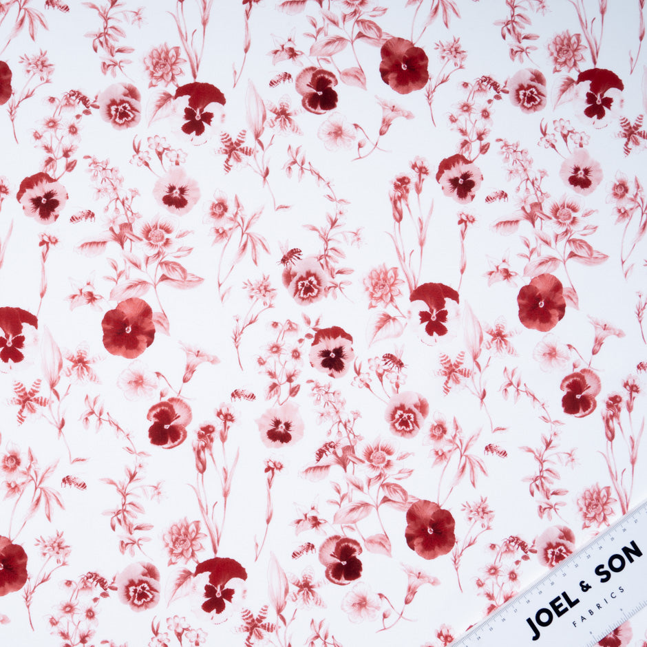 Deep Red Floral Printed White Pure Cotton