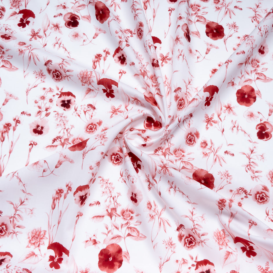 Deep Red Floral Printed White Pure Cotton