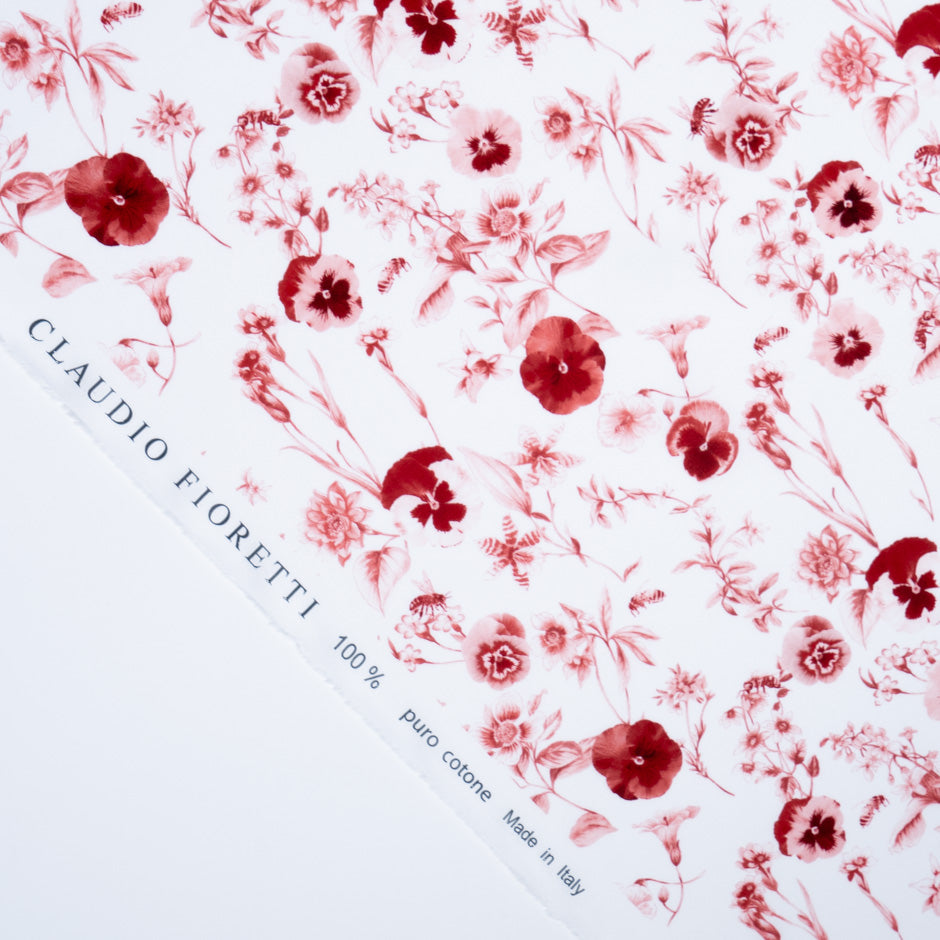 Deep Red Floral Printed White Pure Cotton