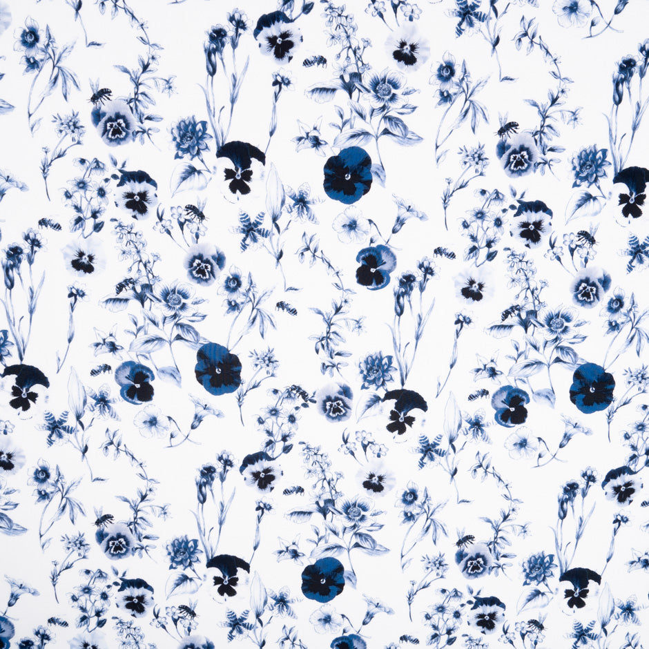 Midnight Blue Floral Printed White Pure Cotton