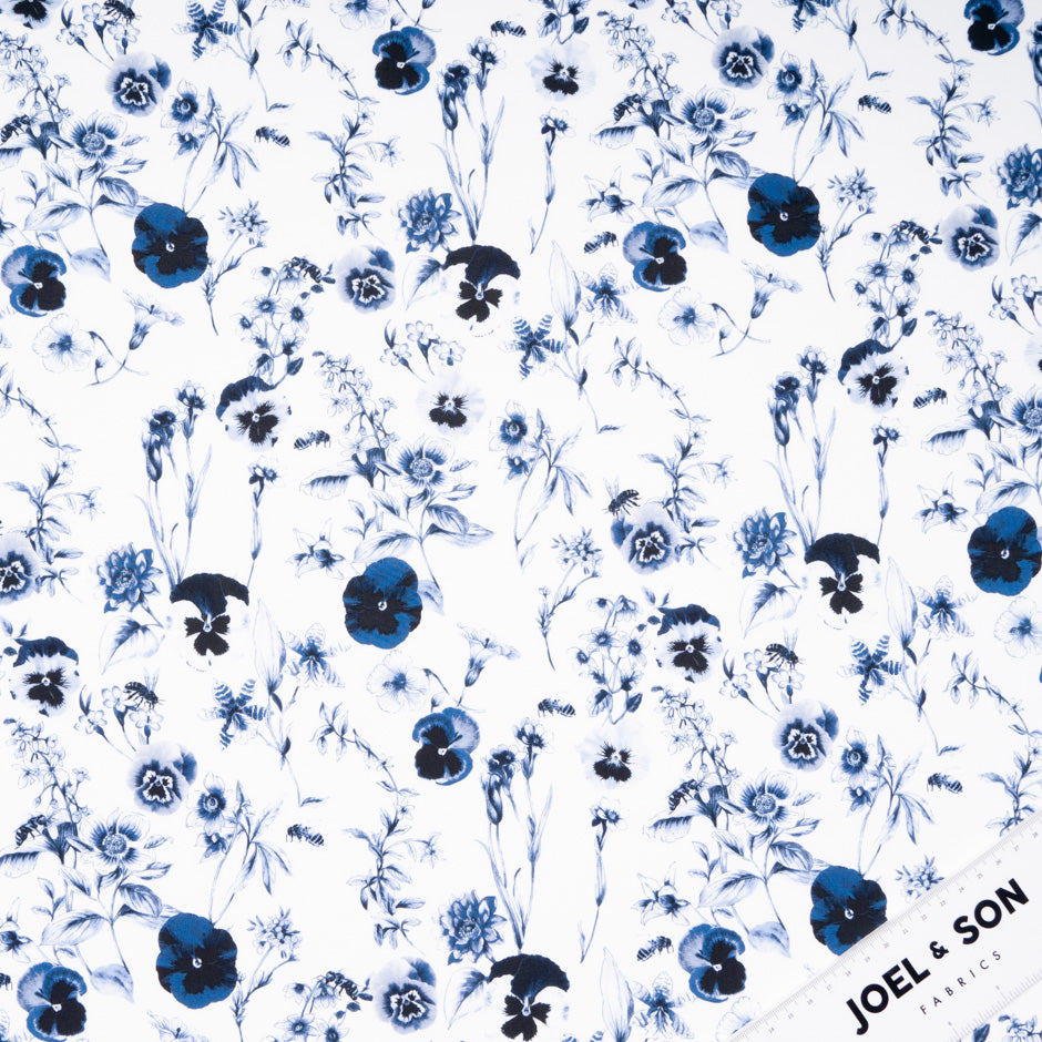 Midnight Blue Floral Printed White Pure Cotton