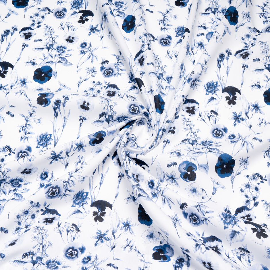 Midnight Blue Floral Printed White Pure Cotton