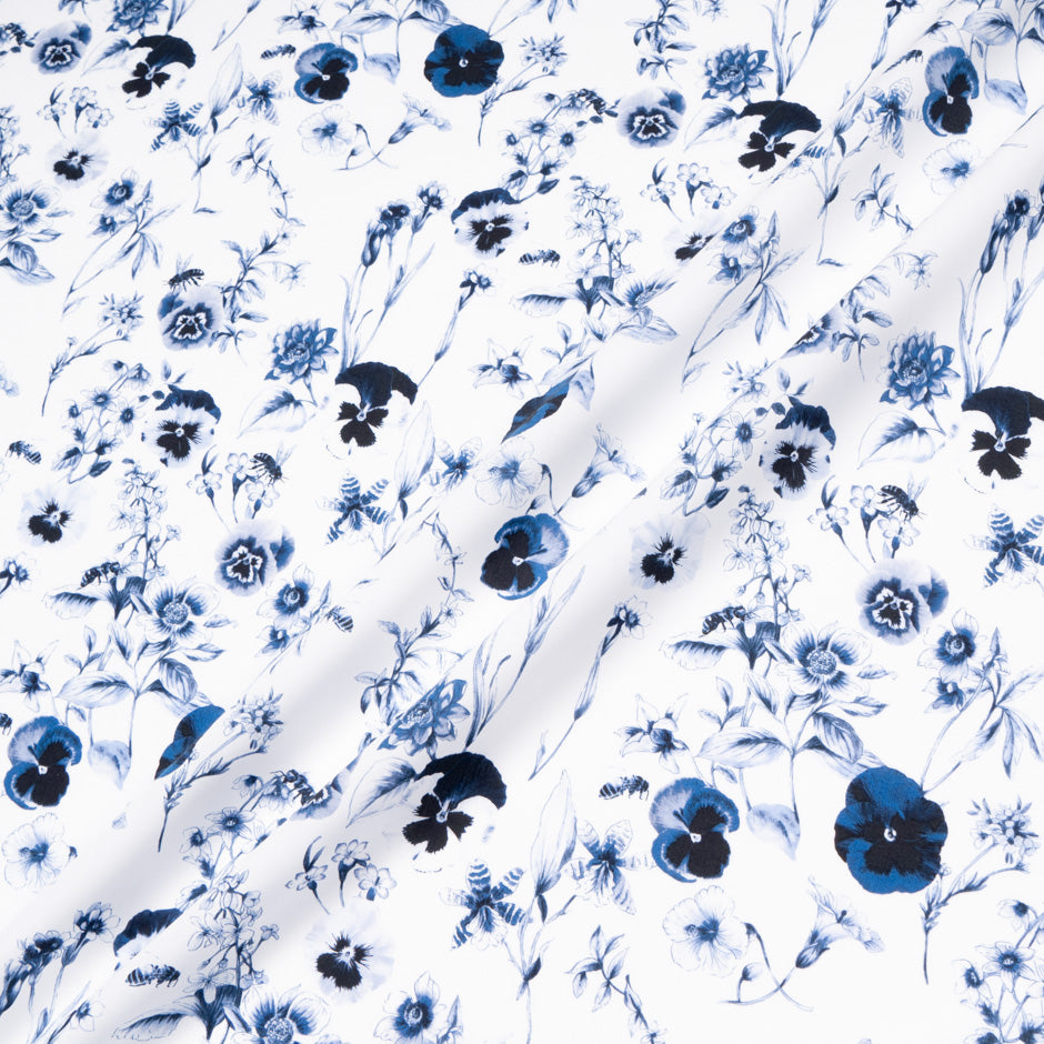 Midnight Blue Floral Printed White Pure Cotton