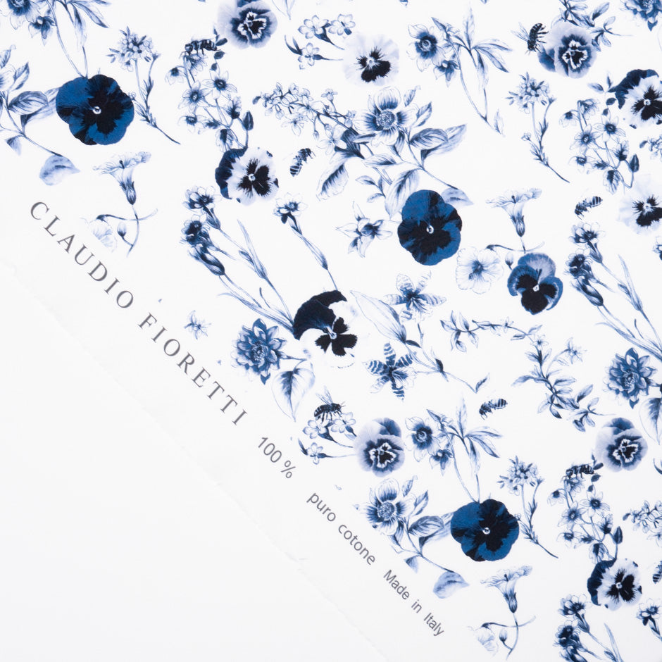 Midnight Blue Floral Printed White Pure Cotton