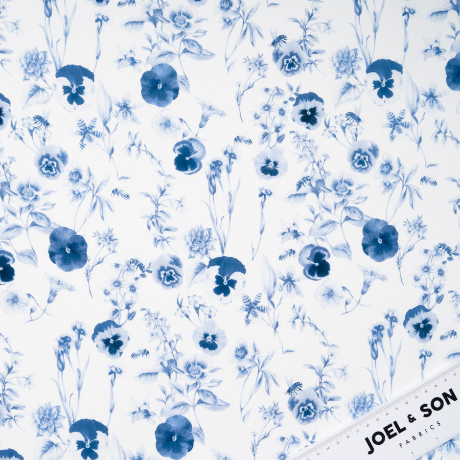 Dark Blue Floral Printed White Pure Cotton