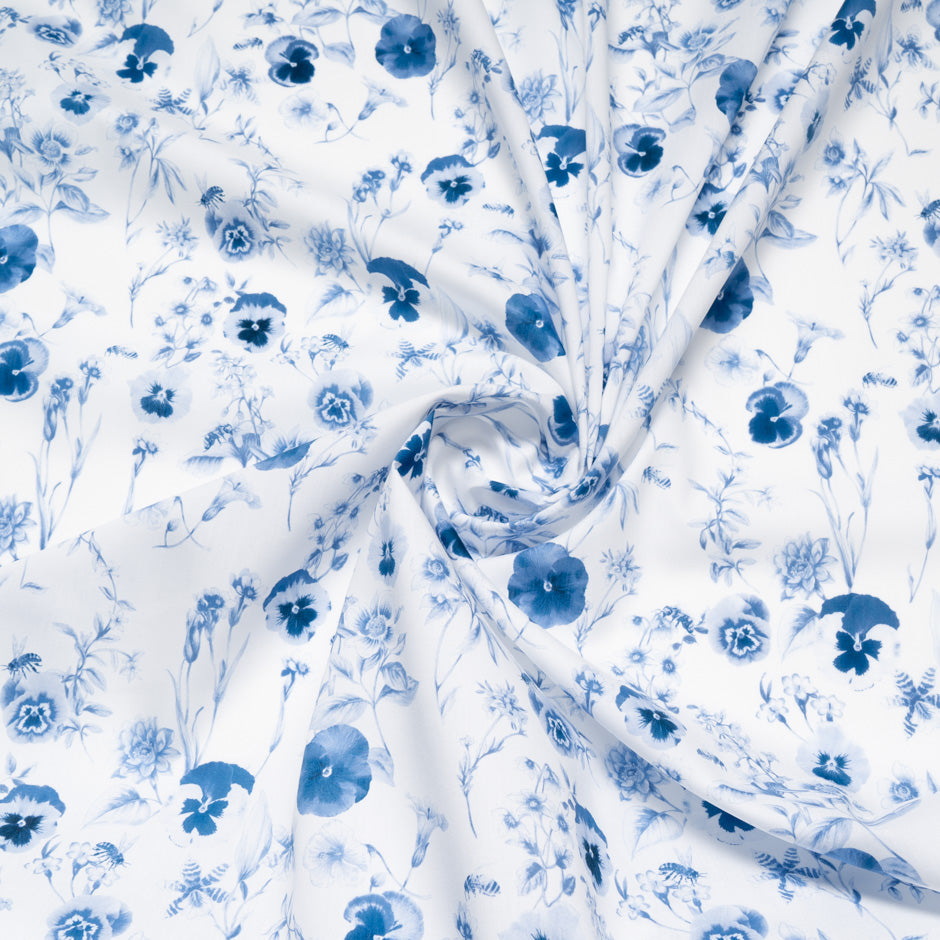 Dark Blue Floral Printed White Pure Cotton