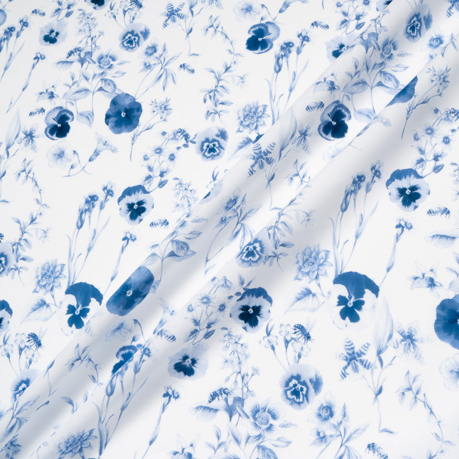 Dark Blue Floral Printed White Pure Cotton