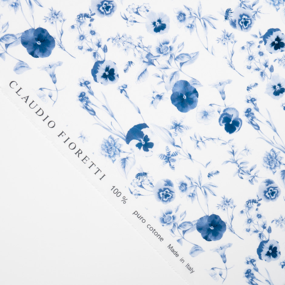 Dark Blue Floral Printed White Pure Cotton