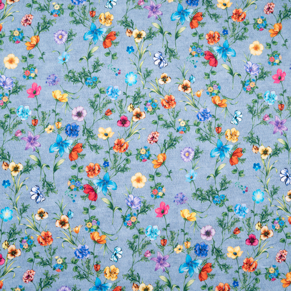 Multi Floral Printed Denim Blue Pure Cotton