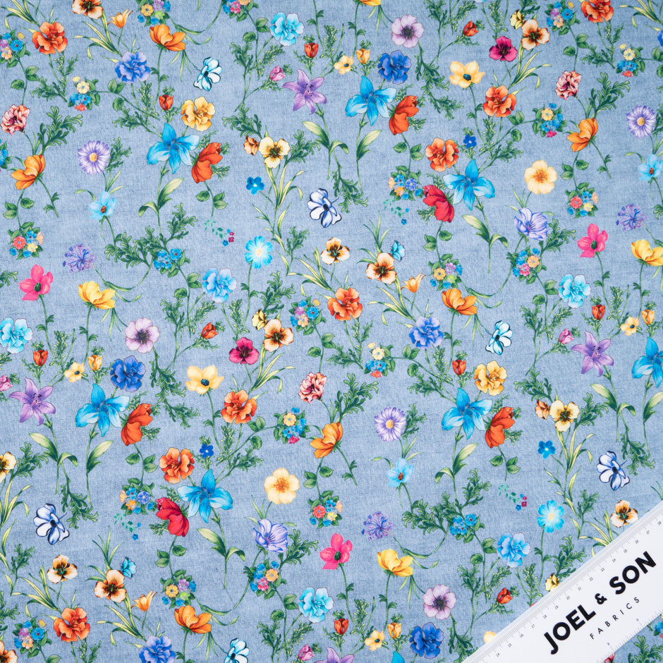 Multi Floral Printed Denim Blue Pure Cotton