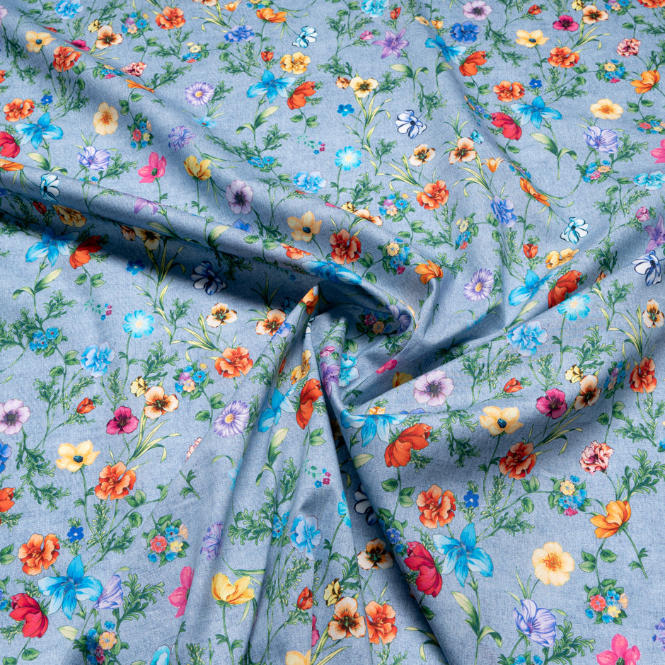 Multi Floral Printed Denim Blue Pure Cotton