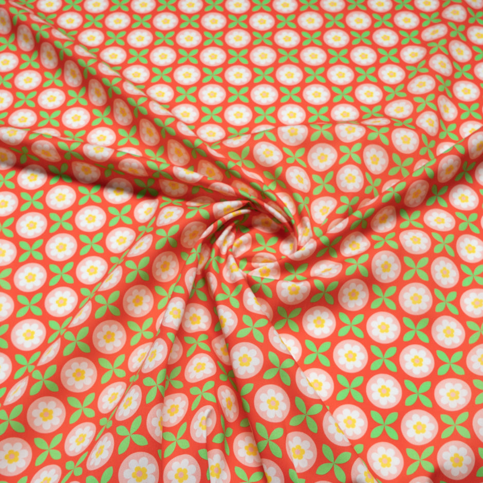 Floral Geometric Printed Red Pure Cotton