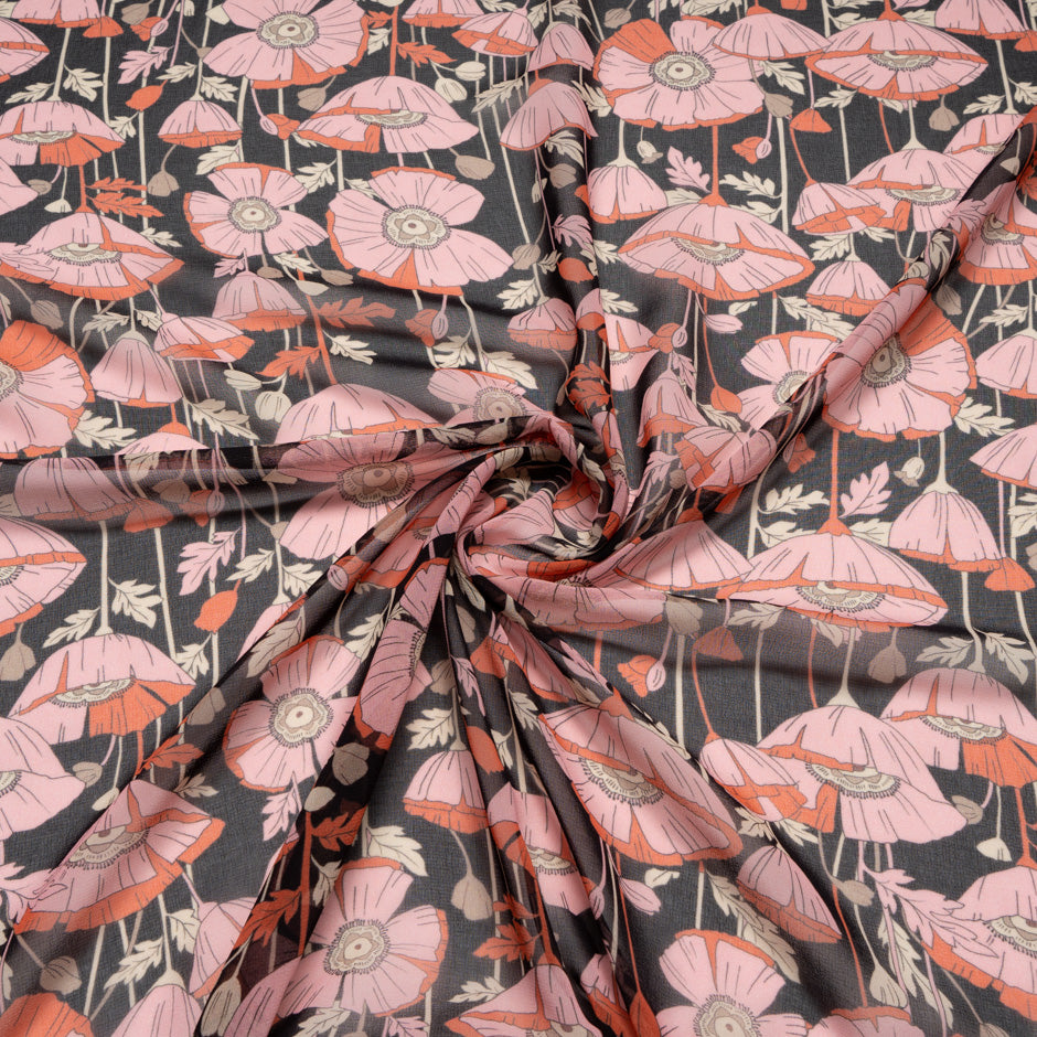 Pink & Peach Floral Printed Black Silk Georgette
