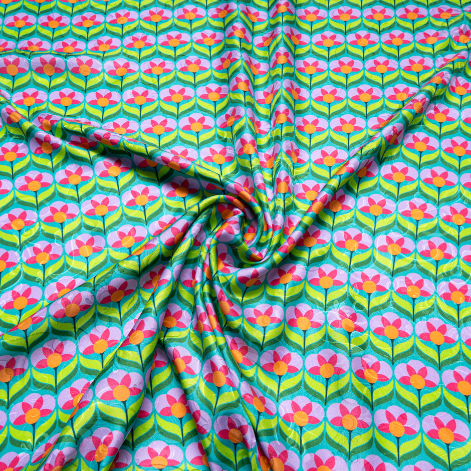 Pink & Green Geo Floral Printed Pure Silk Jacquard