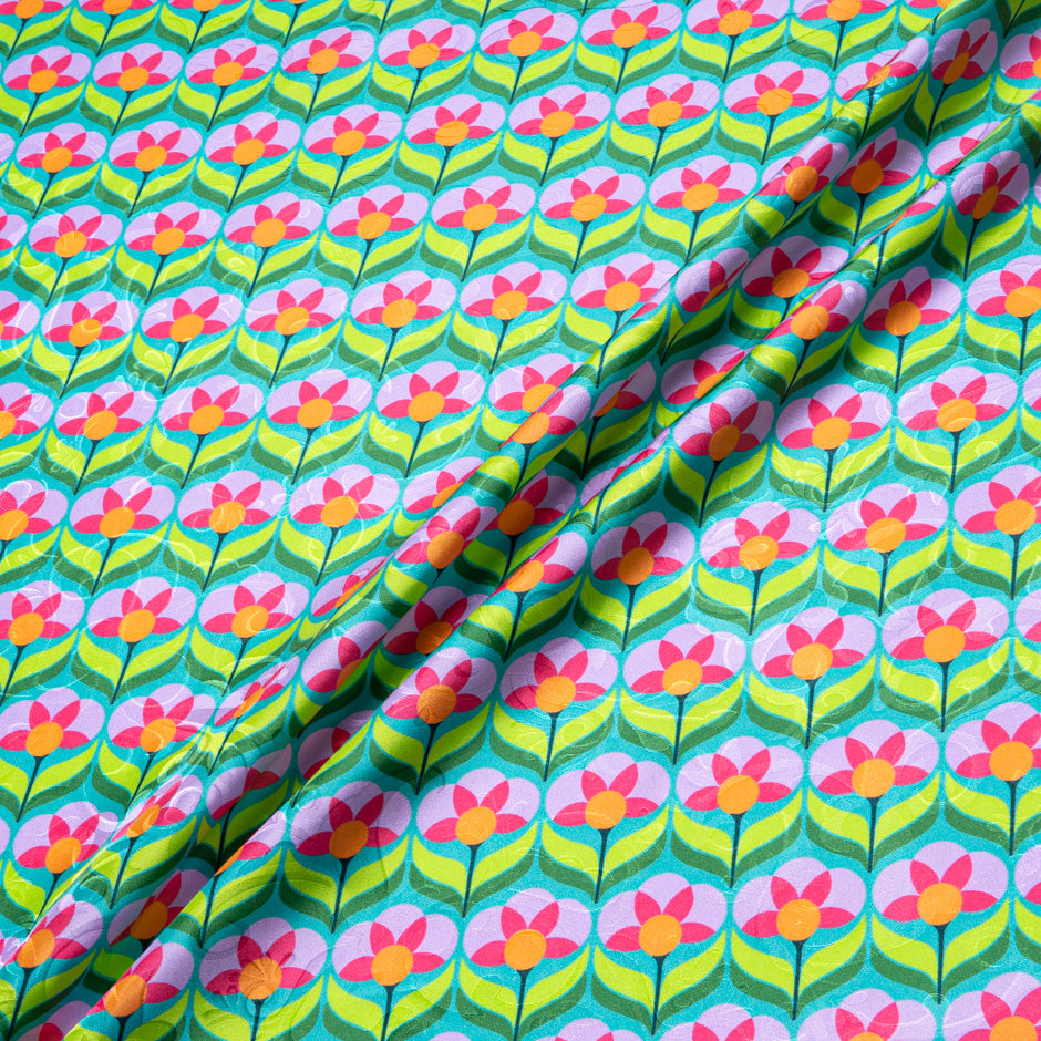Pink & Green Geo Floral Printed Pure Silk Jacquard