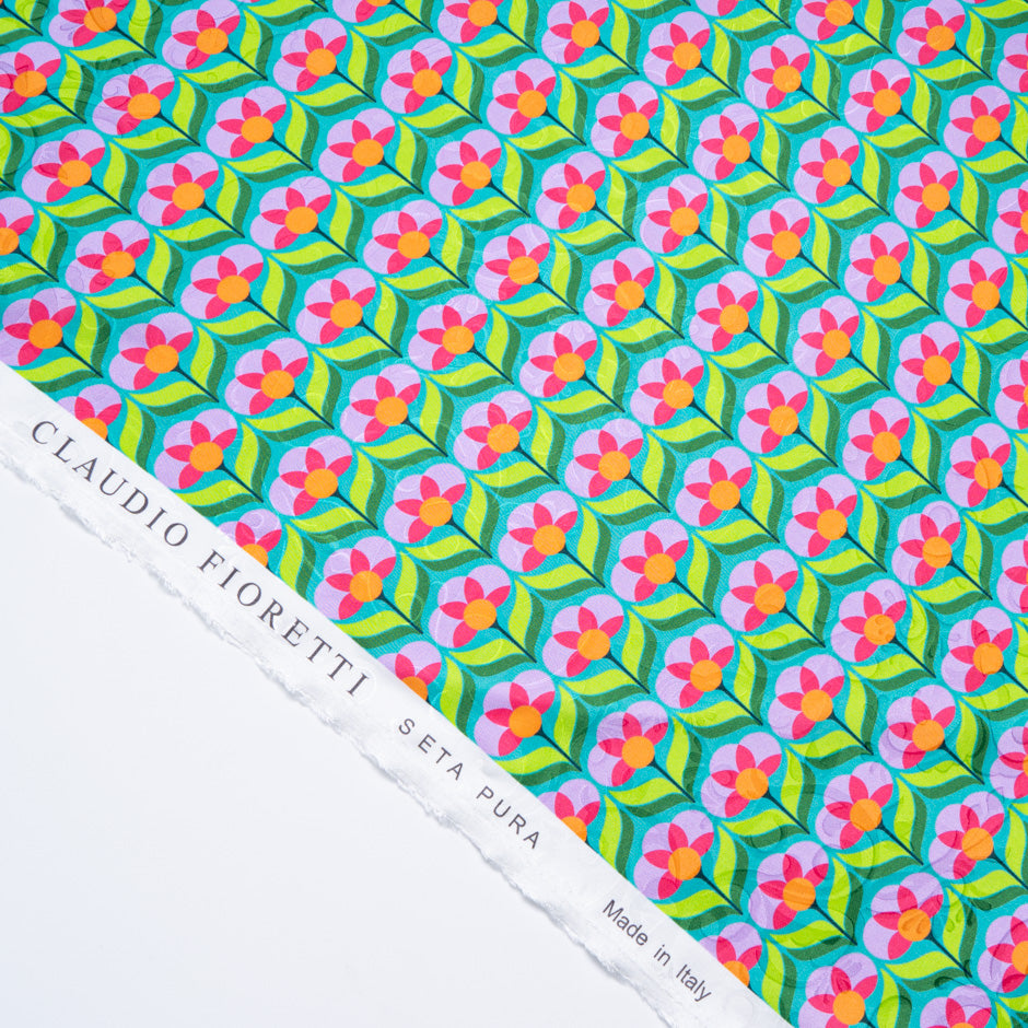 Pink & Green Geo Floral Printed Pure Silk Jacquard