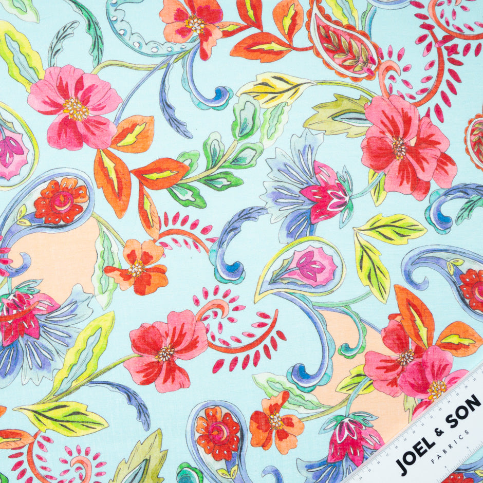 Bold Floral Printed Soft Blue Linen