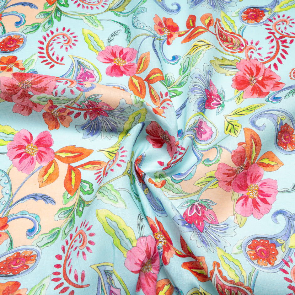 Bold Floral Printed Soft Blue Linen