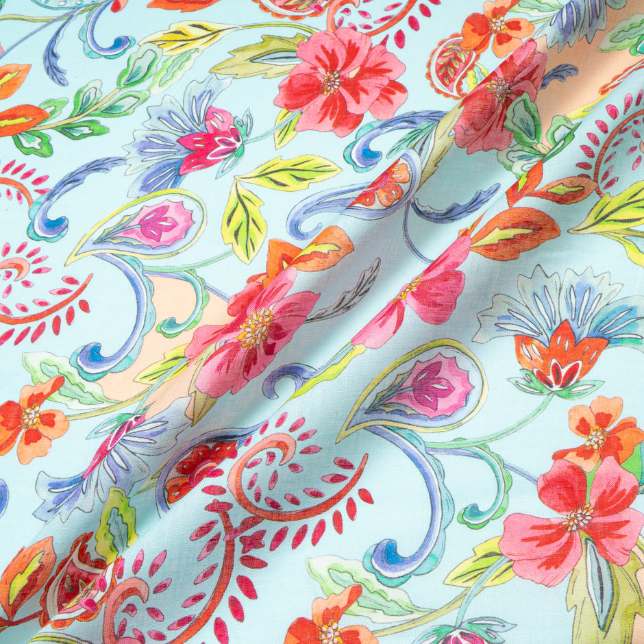 Bold Floral Printed Soft Blue Linen