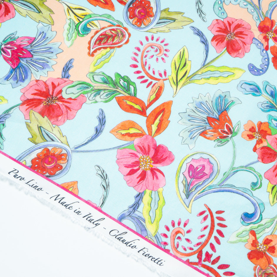 Bold Floral Printed Soft Blue Linen