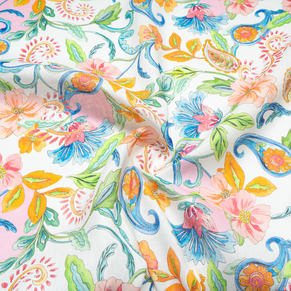 Bold Multi Floral Printed White Linen