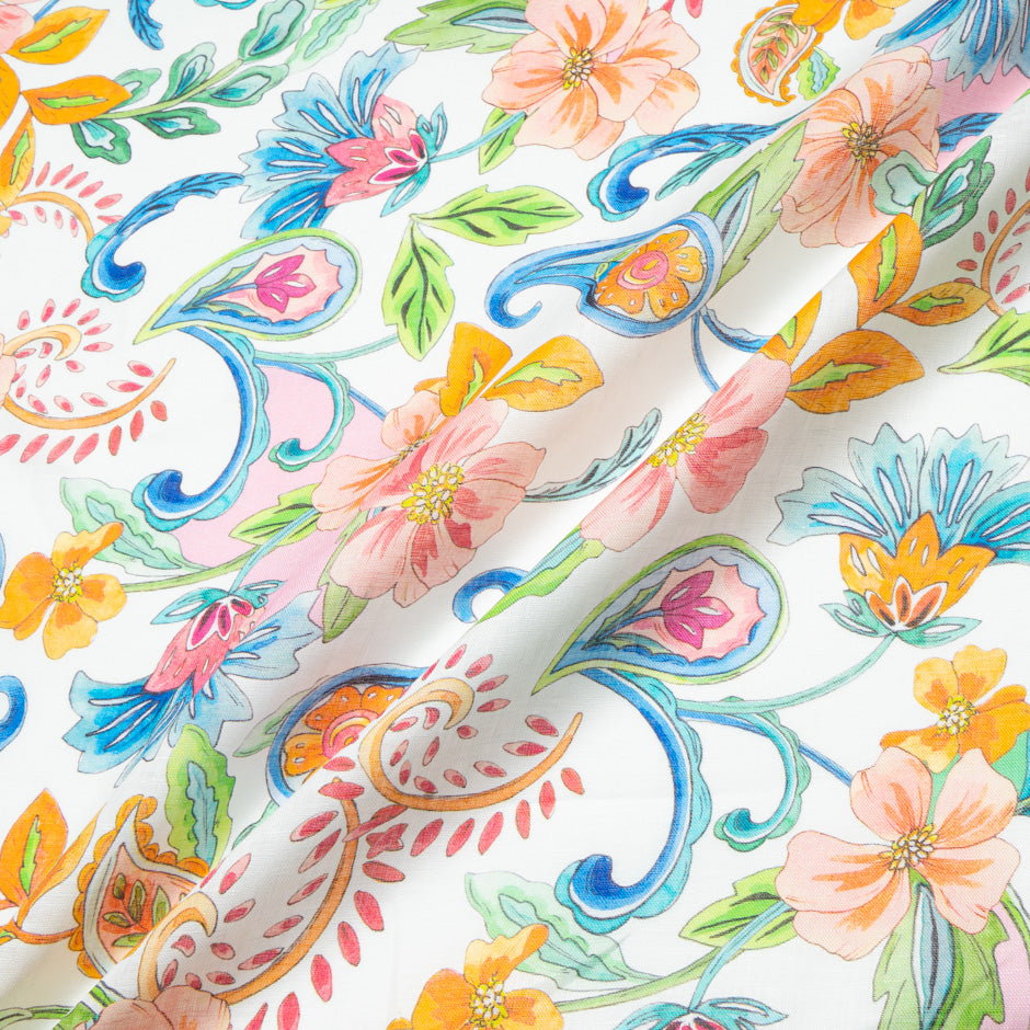 Bold Multi Floral Printed White Linen