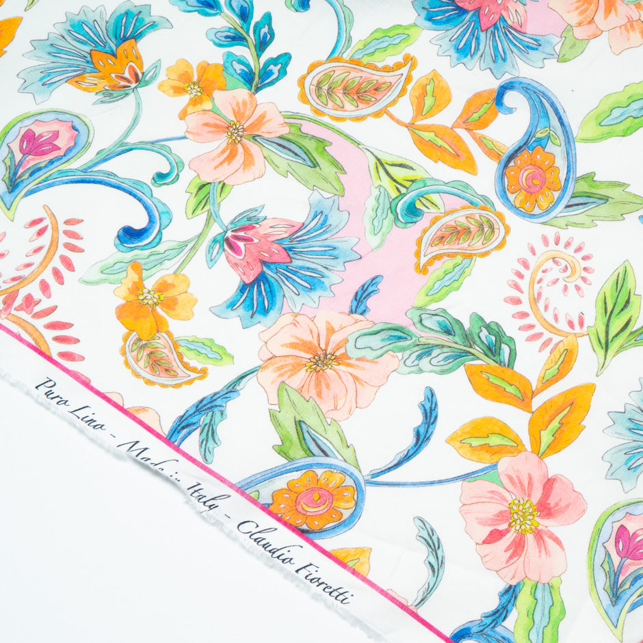 Bold Multi Floral Printed White Linen