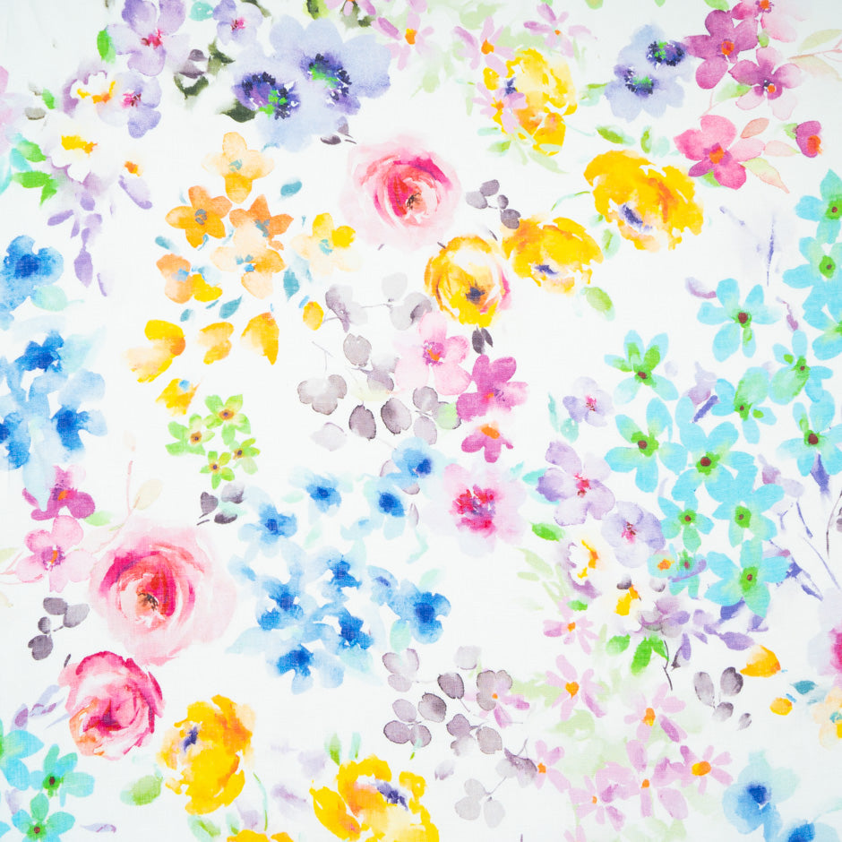 Watercolour Floral Printed White Pure Linen