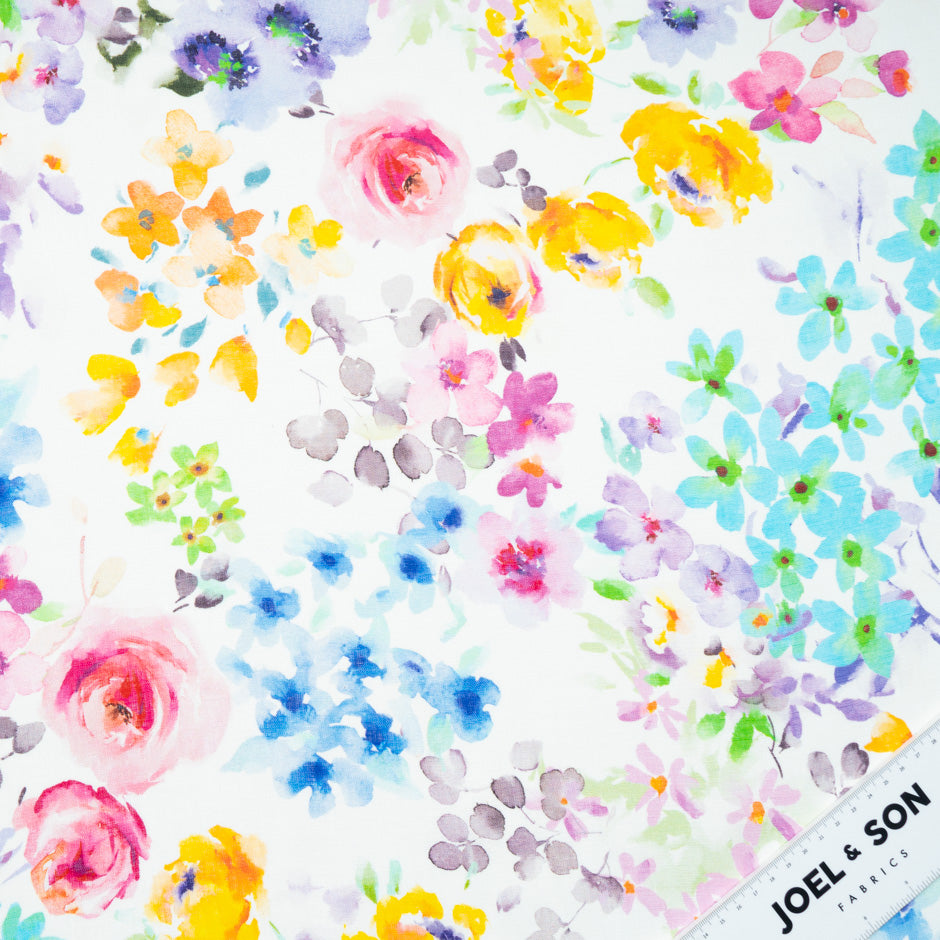 Watercolour Floral Printed White Pure Linen