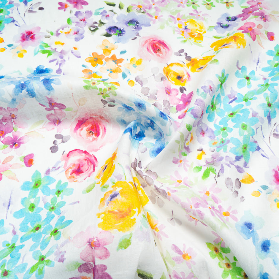 Watercolour Floral Printed White Pure Linen