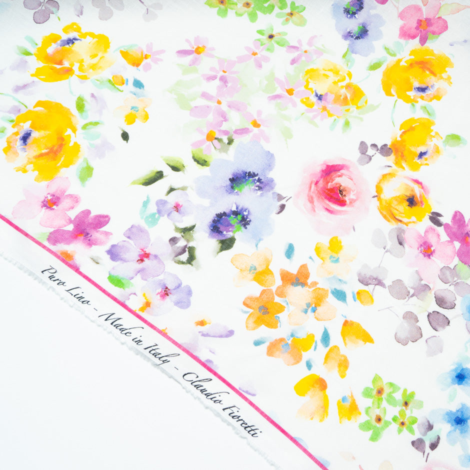 Watercolour Floral Printed White Pure Linen