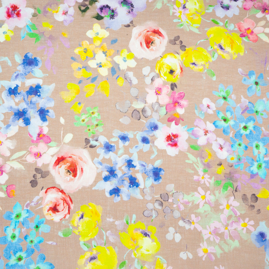 Watercolour Floral Printed Beige Pure Linen