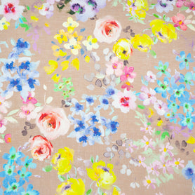 Watercolour Floral Printed Beige Pure Linen