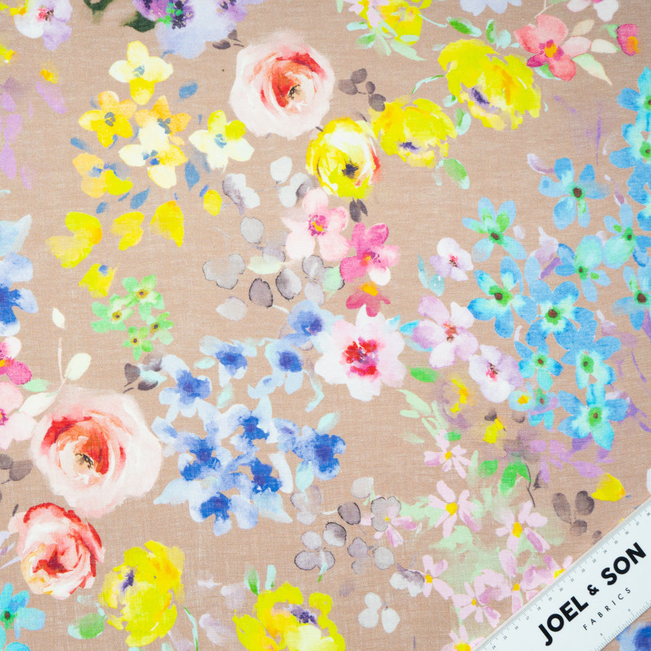 Watercolour Floral Printed Beige Pure Linen