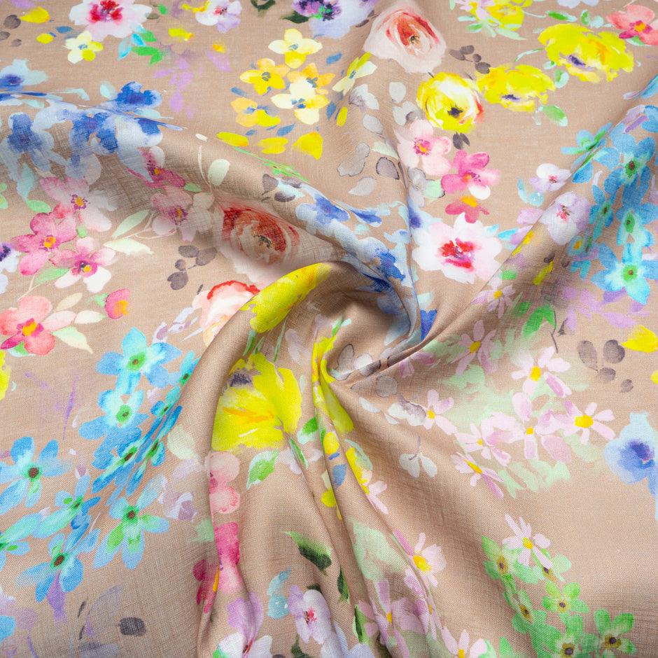 Watercolour Floral Printed Beige Pure Linen