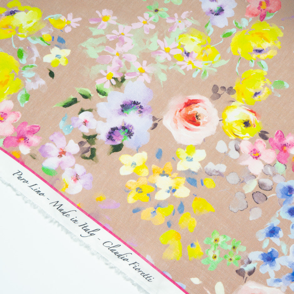 Watercolour Floral Printed Beige Pure Linen