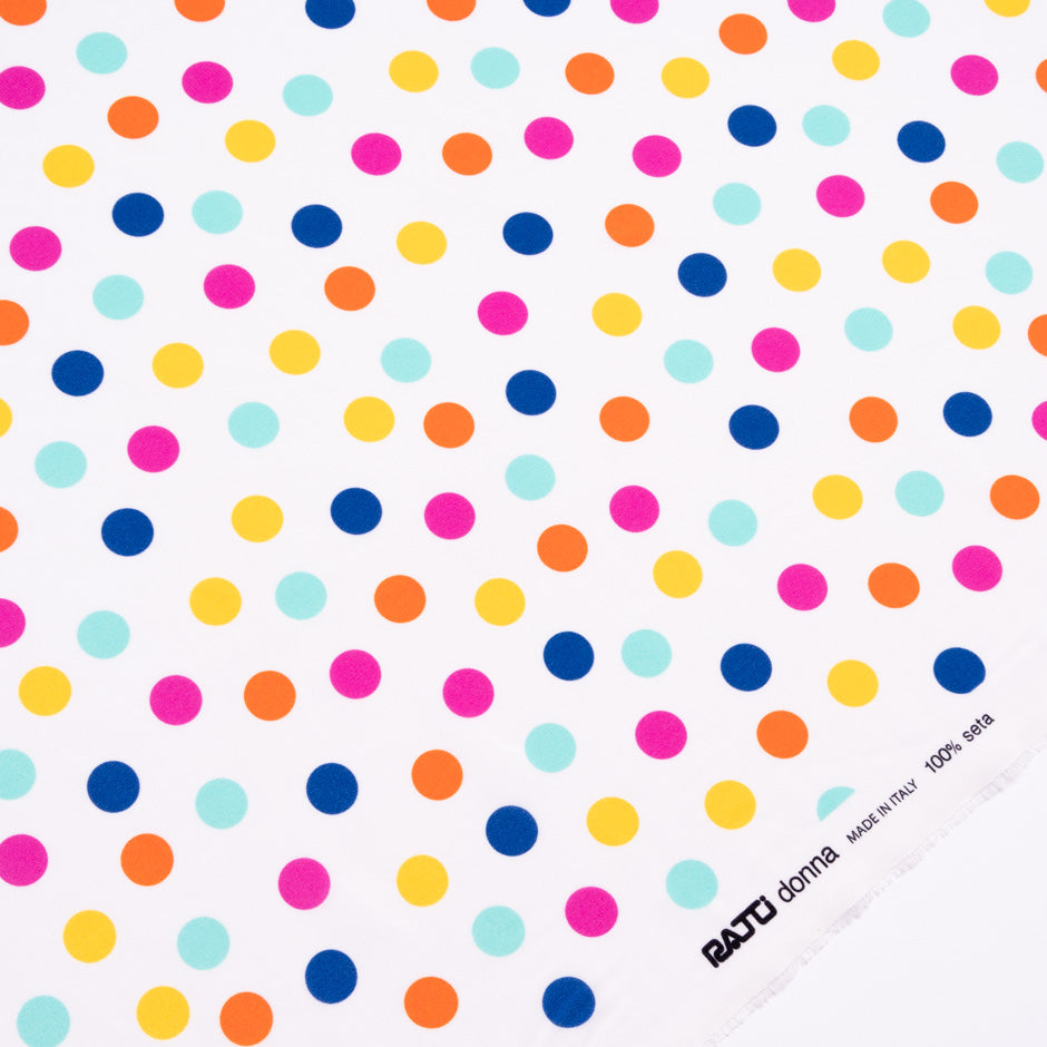 Multi-Coloured Spotted White Silk Crêpe de Chine