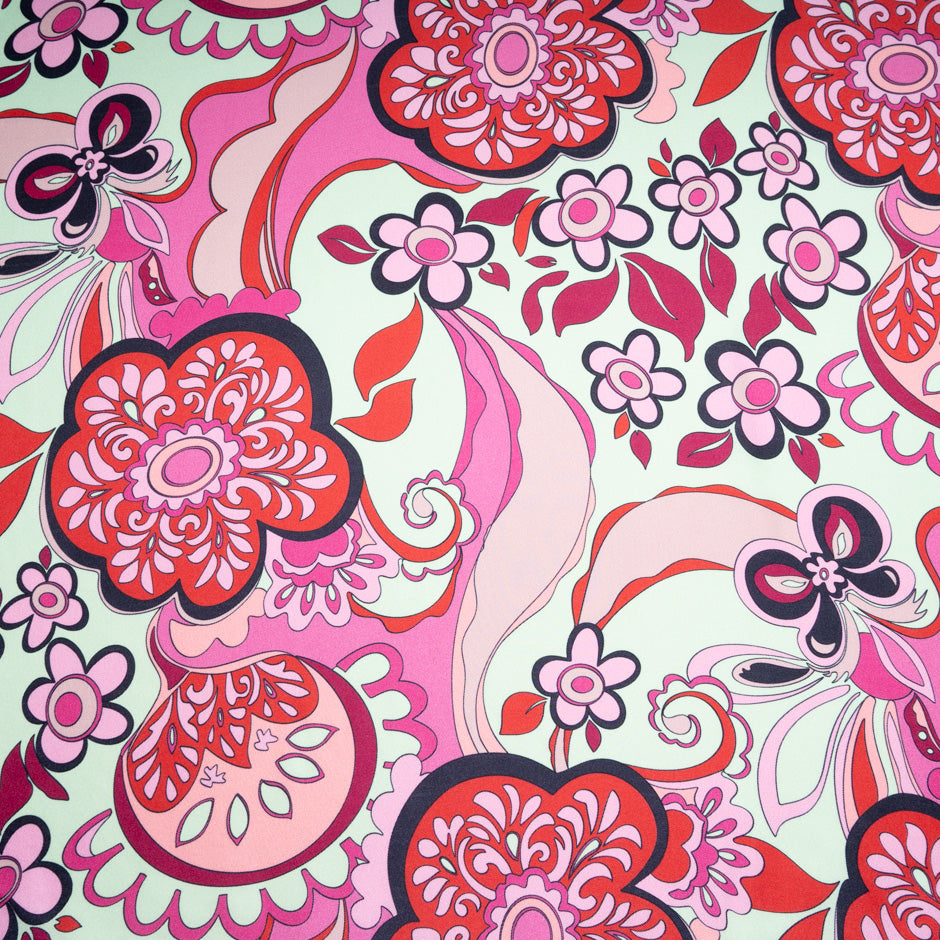 Red Retro Floral Printed Pure Silk Twill