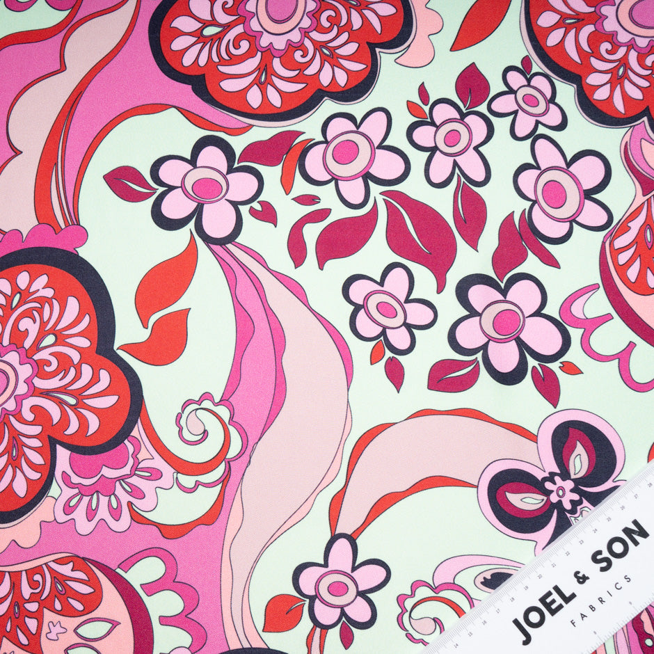 Red Retro Floral Printed Pure Silk Twill