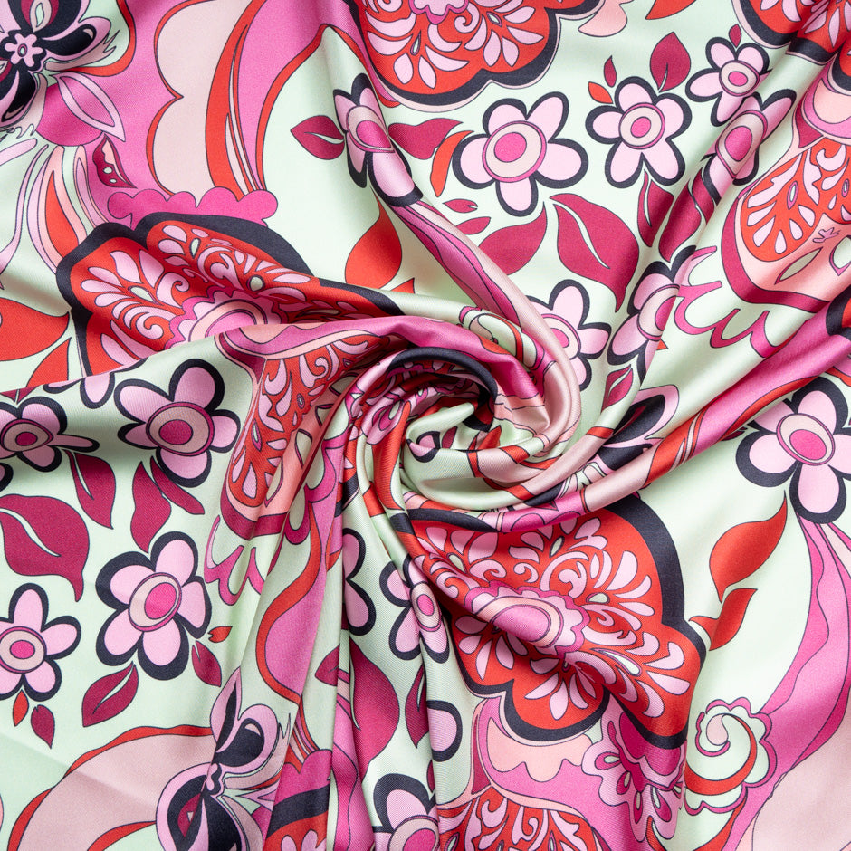 Red Retro Floral Printed Pure Silk Twill