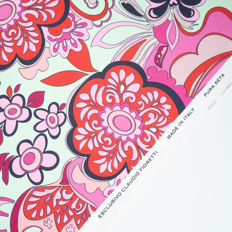 Red Retro Floral Printed Pure Silk Twill