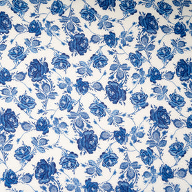 Dark Ink Blue Rose Printed Pure Linen