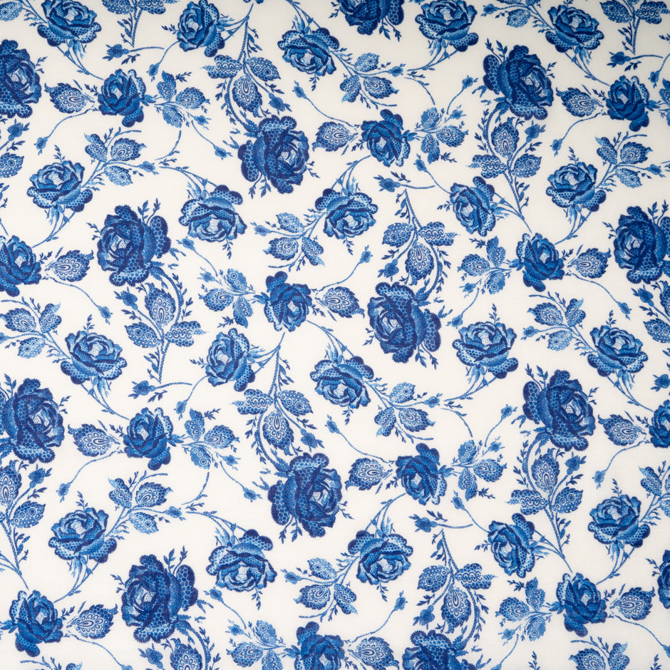 Dark Ink Blue Rose Printed Pure Linen