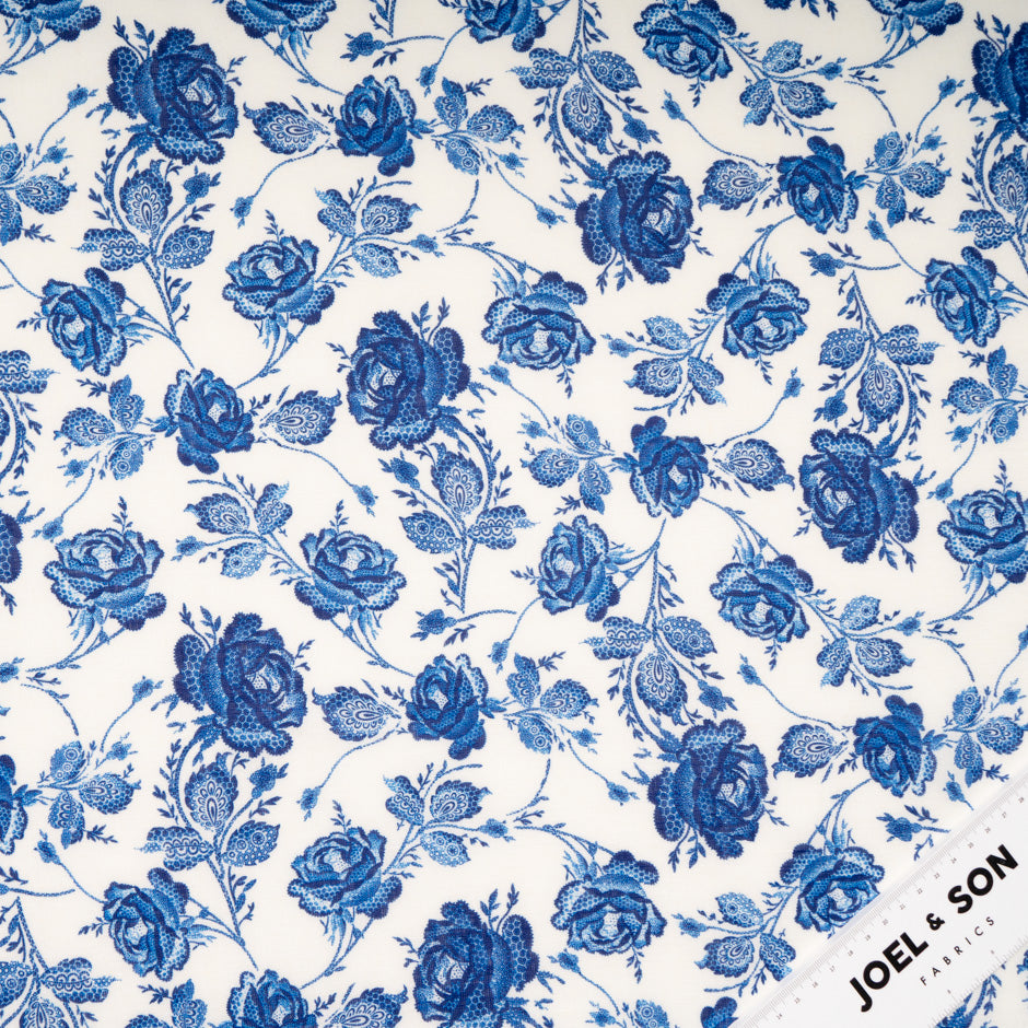 Dark Ink Blue Rose Printed Pure Linen